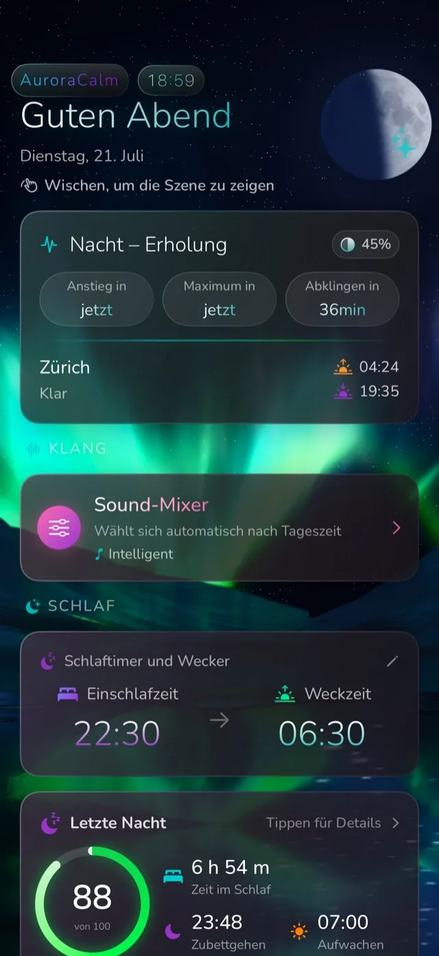AuroraCalm: Originalansicht des Dashboards