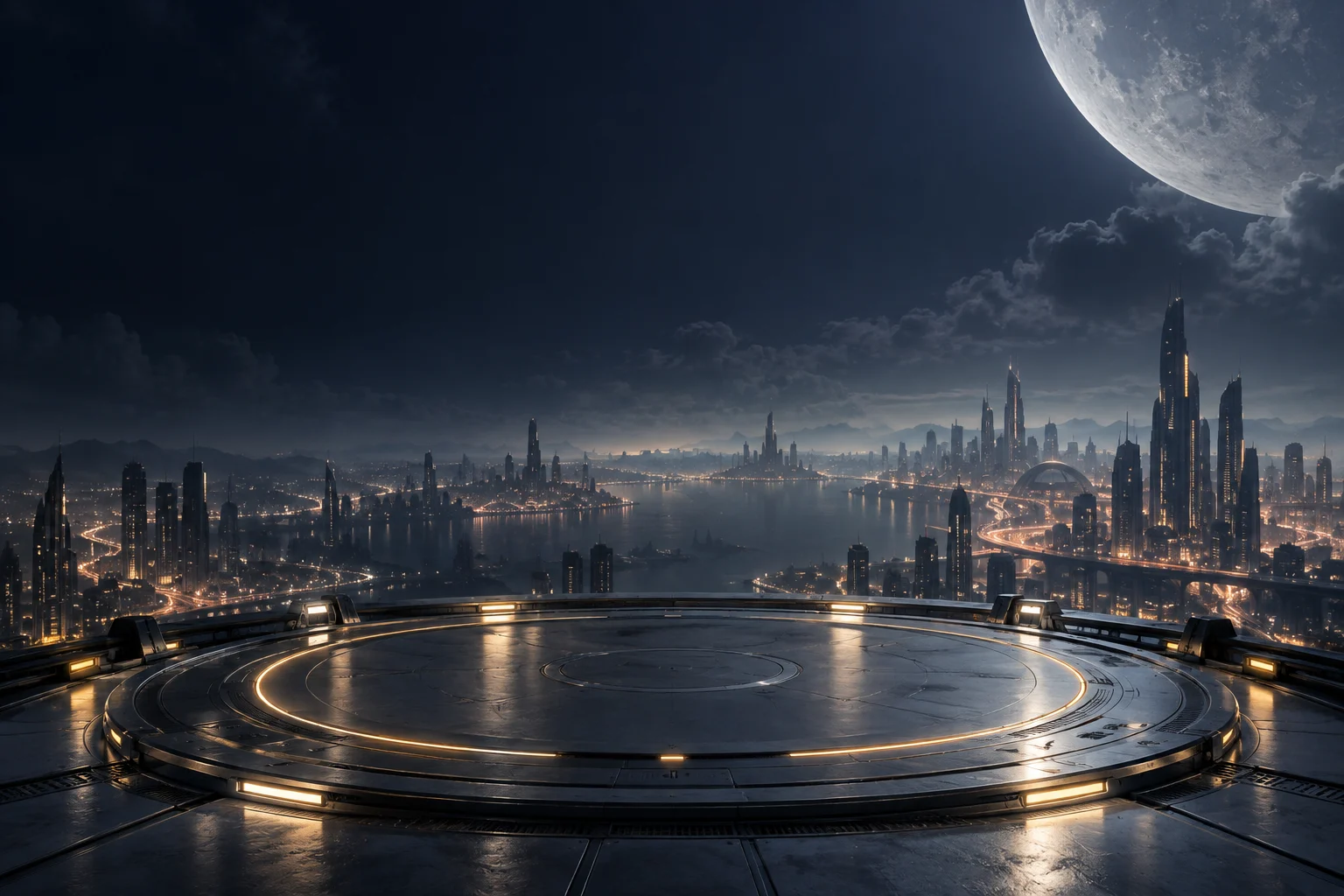 Orbit Taxi: inszenierter Landeplatz über einer futuristischen Stadt